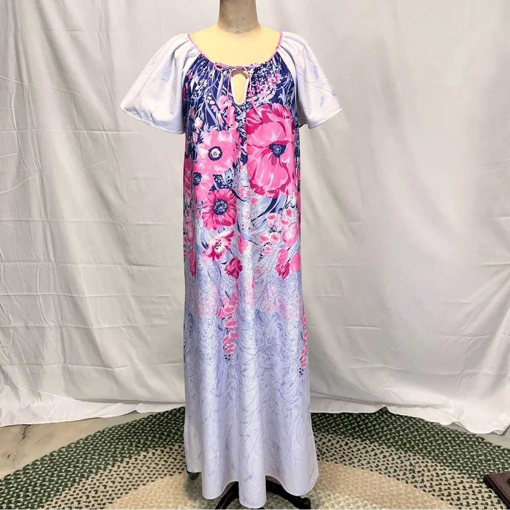 VINTAGE 60s 70s floral house dress‎ nightgown long maxi short flutter sleeve